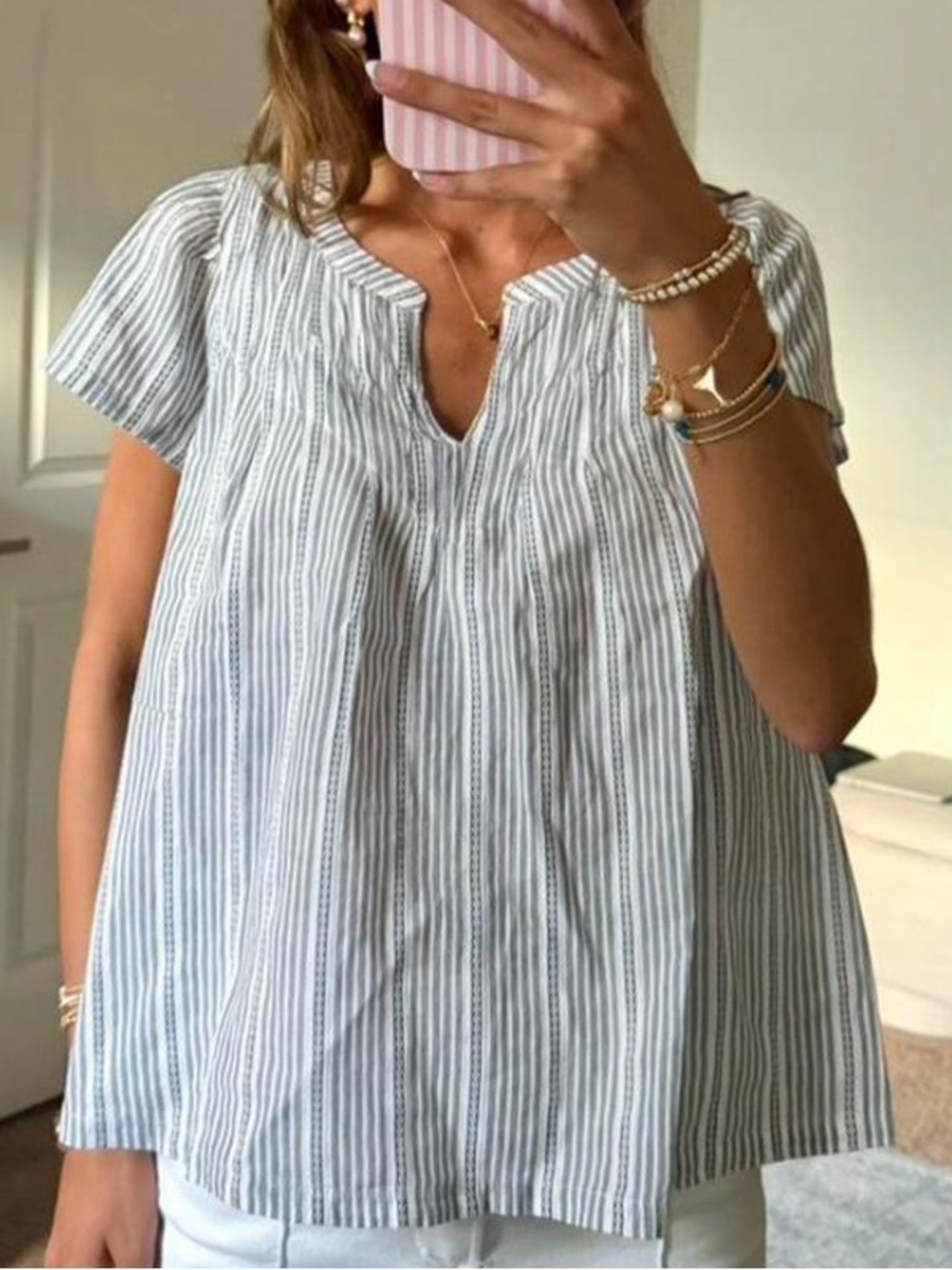 Lucky Brand Striped Cotton Split-Neck Women's Top in grey and White size medium